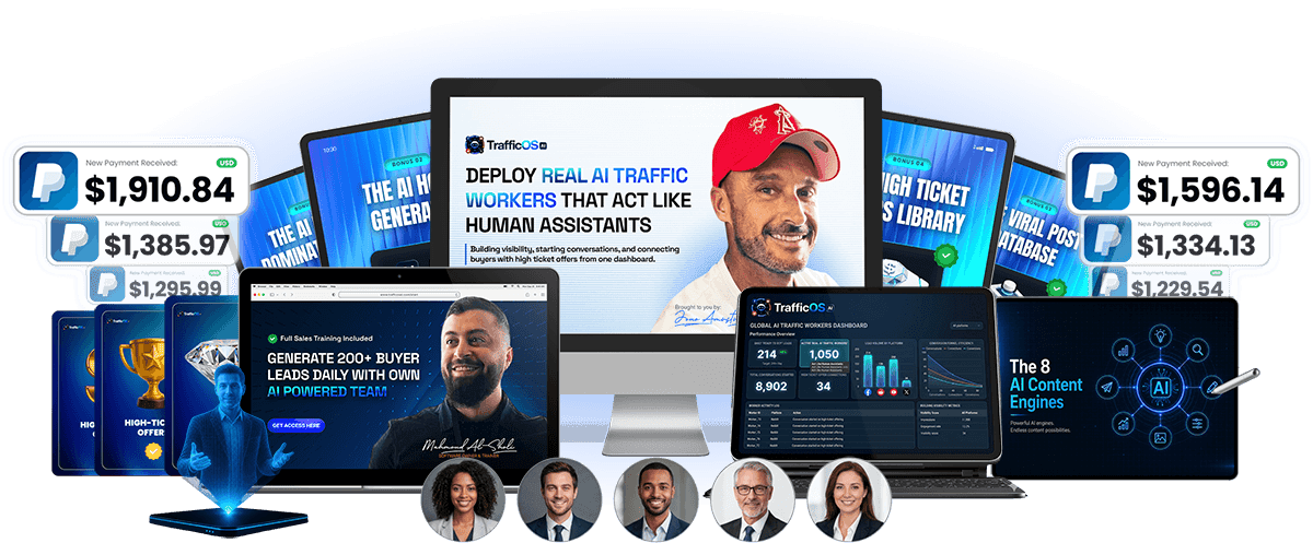 TrafficOS AI complete bundle showing all included components — AI workers, dashboard, training, and bonus package.