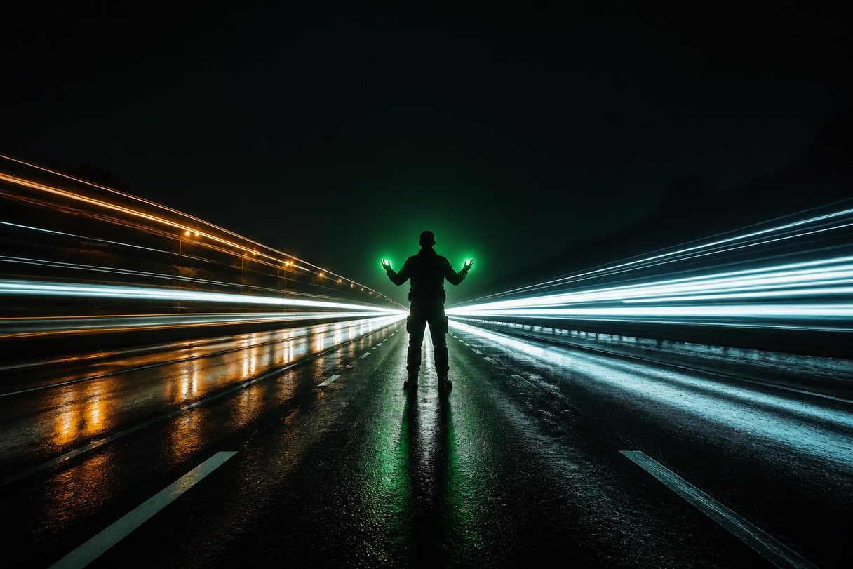 A lone operator silhouette directing streaming light trails of traffic on a wet night highway, with a terminal-green ambient glow.