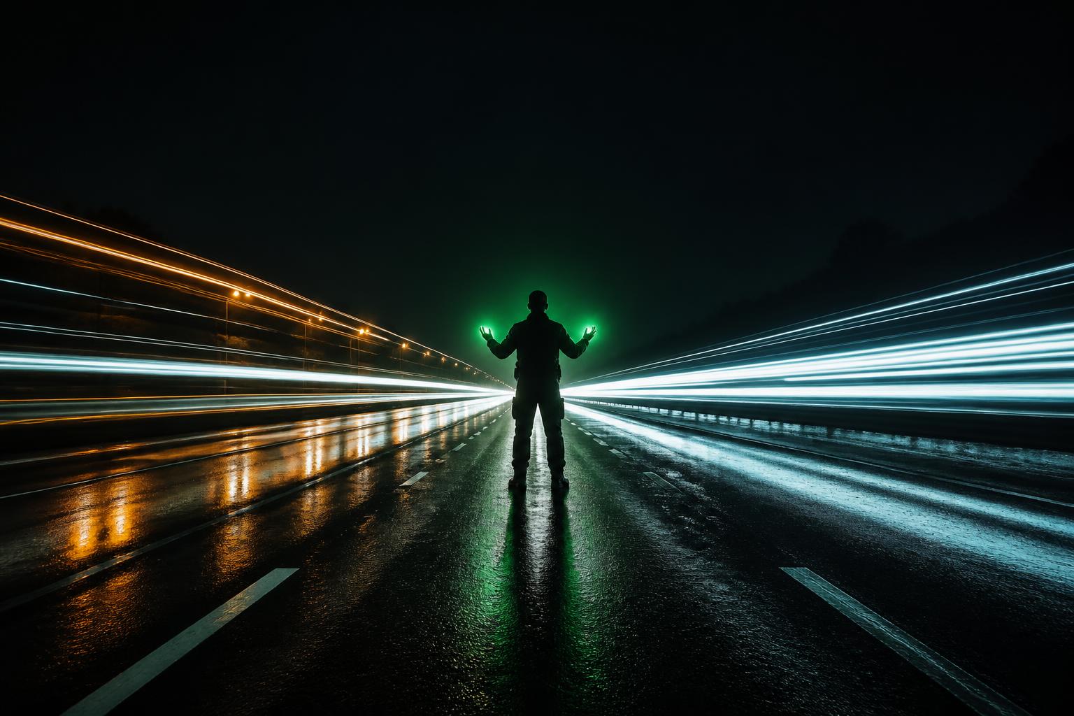 A lone operator silhouette directing streaming light trails of traffic on a wet night highway, with a terminal-green ambient glow.